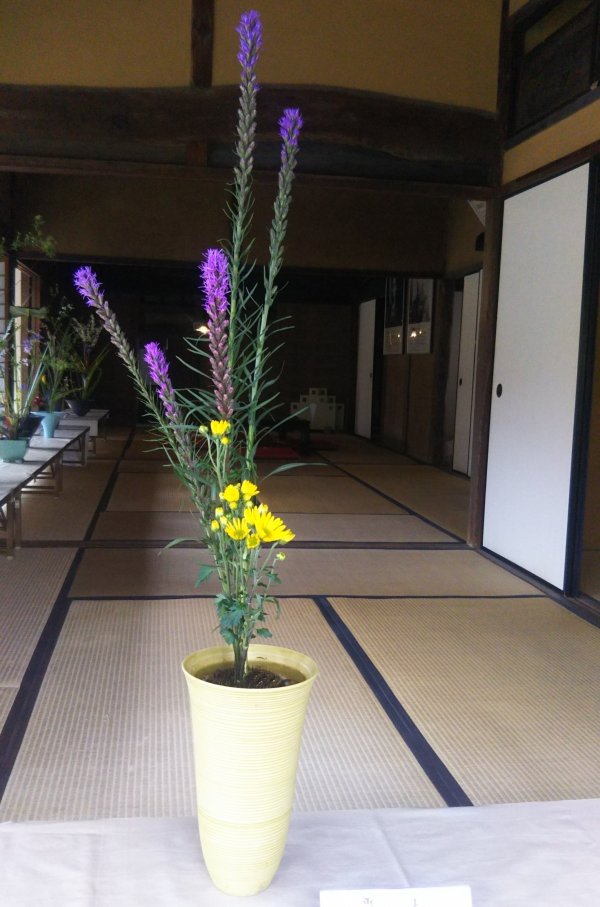 画像ファイル：「作品17:紫色の花が咲くリアトリスを5本をメインに足元に黄色の小菊をあしらった作品の写真」の詳細を見る