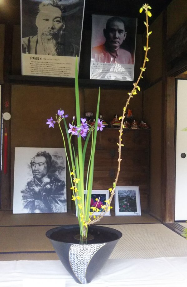 画像ファイル：「作品23:レンギョウを高く生け、細長い葉を中心に紫の小花を生けた作品の写真」の詳細を見る
