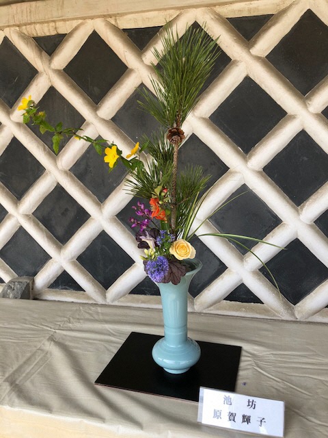 画像ファイル：「生け花展:松を中心に黄色の花をつける枝を添え、色とりどりの花を足元にあしらった作品の写真」の詳細を見る